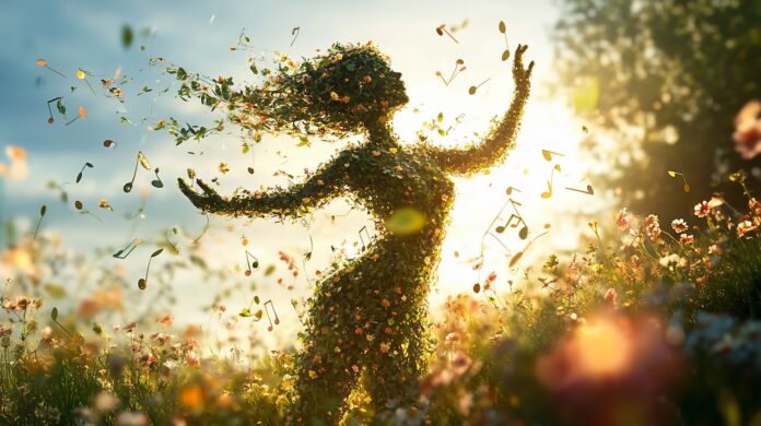 Woman, nature, music, spring, flowers, sunset, leaves, dancing, freedom, joy.