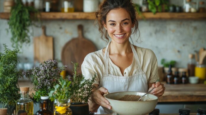 woman-stirring-bowl-ingredients-diy-facial-scrub-with-relaxed-smile-surrounded