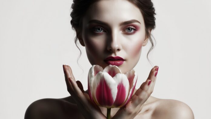 woman-with-striking-makeup-is-holding-tulip